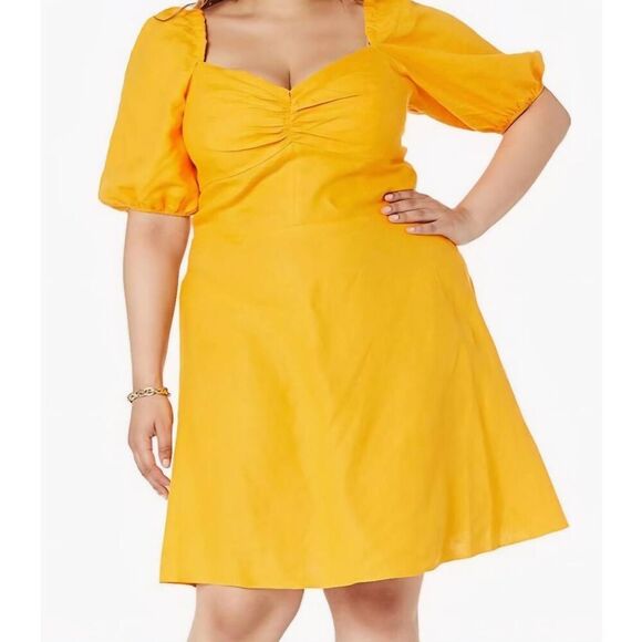 NWT The Drop Dress Women's XL Mango Yellow Nala Linen Puff Sleeve Mini - Picture 1 of 5